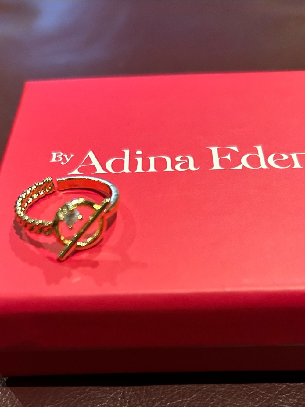 Adina Eden Gold Toggle Circle Ring with Solitaire CZ Accent Adjustable Size - Picture 4 of 5